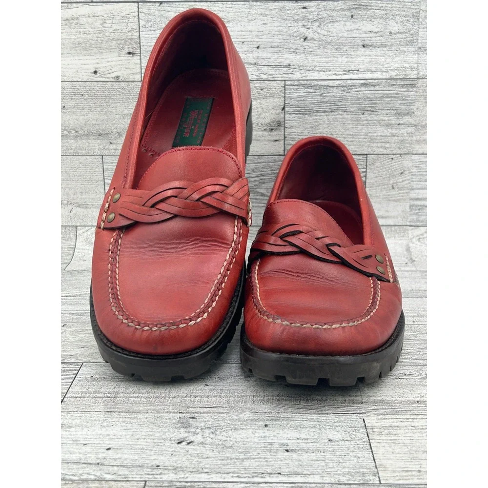 GH Bass Weejuns Calliope Red Leather Loafers Braided Detail Lug Sole Womens 6.5M